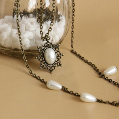 Spring Long Necklace For Women Vintage Pearl Rose..